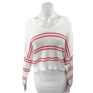 Aerie Beyond White Red Striped Long Sleeve Oversized Cropped Sweater Top Size S